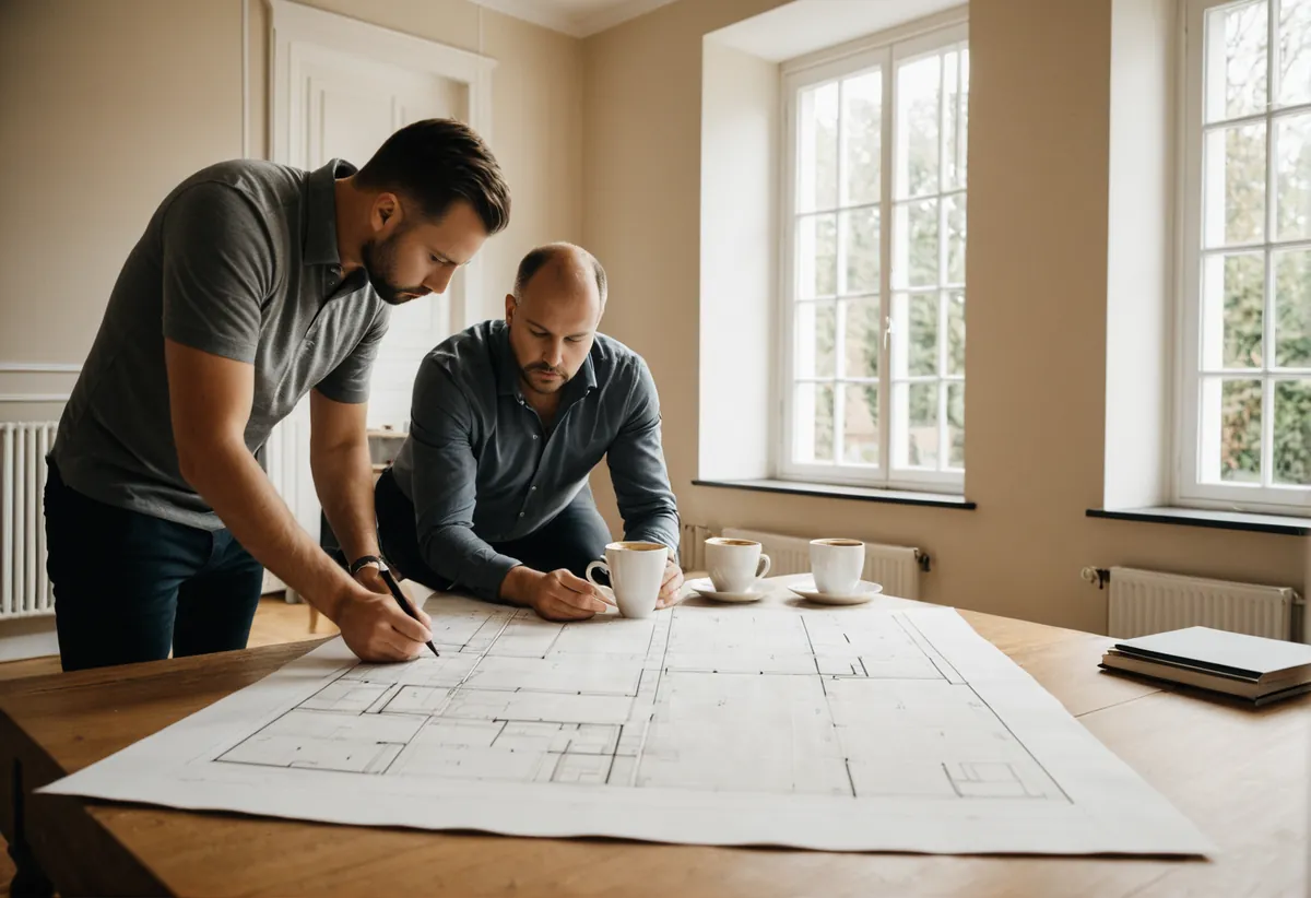 Architekt bespricht Sanierungspläne mit Bauherren auf der Baustelle