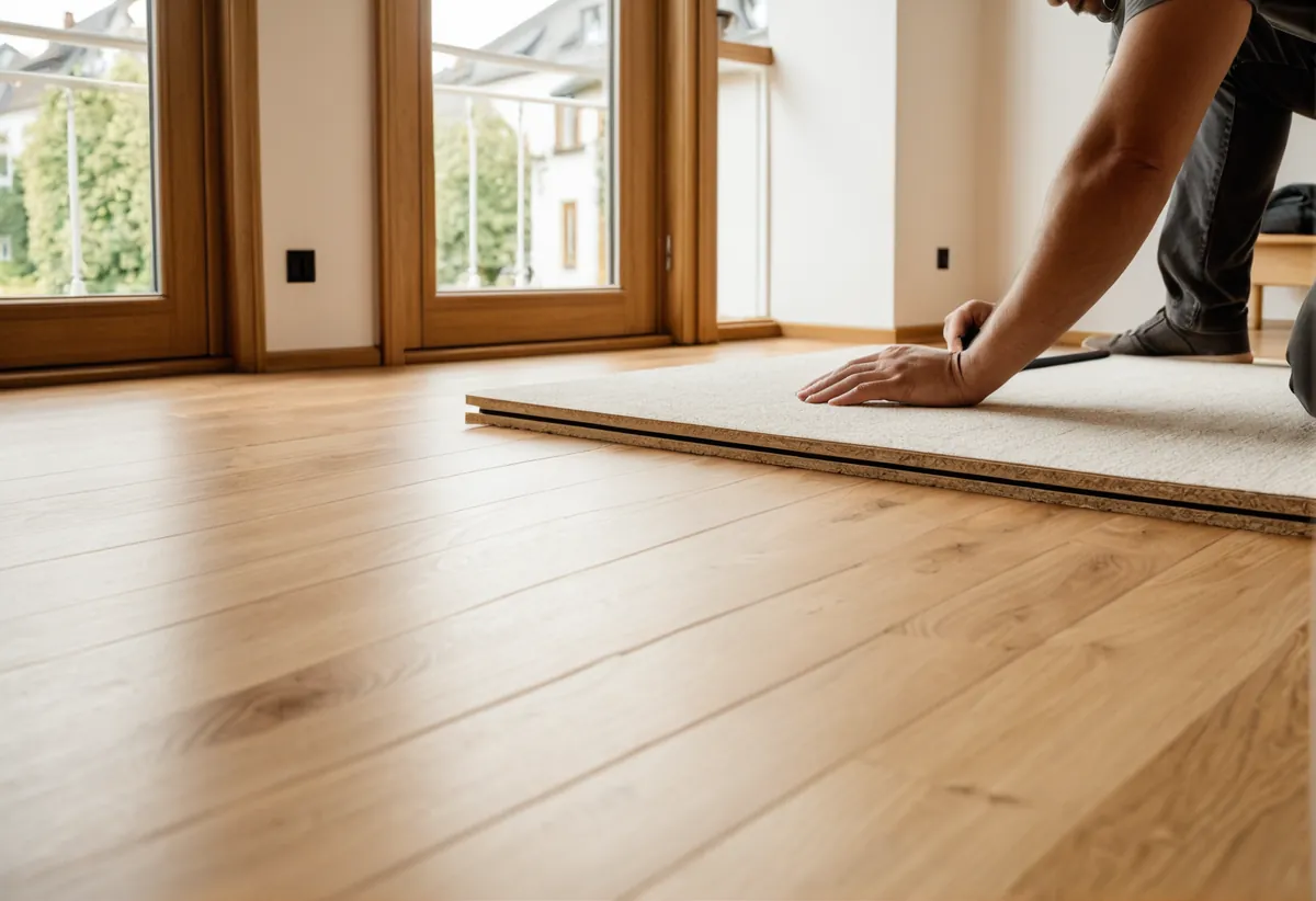 Handwerker verlegt Parkettboden in einem hellen Wohnzimmer