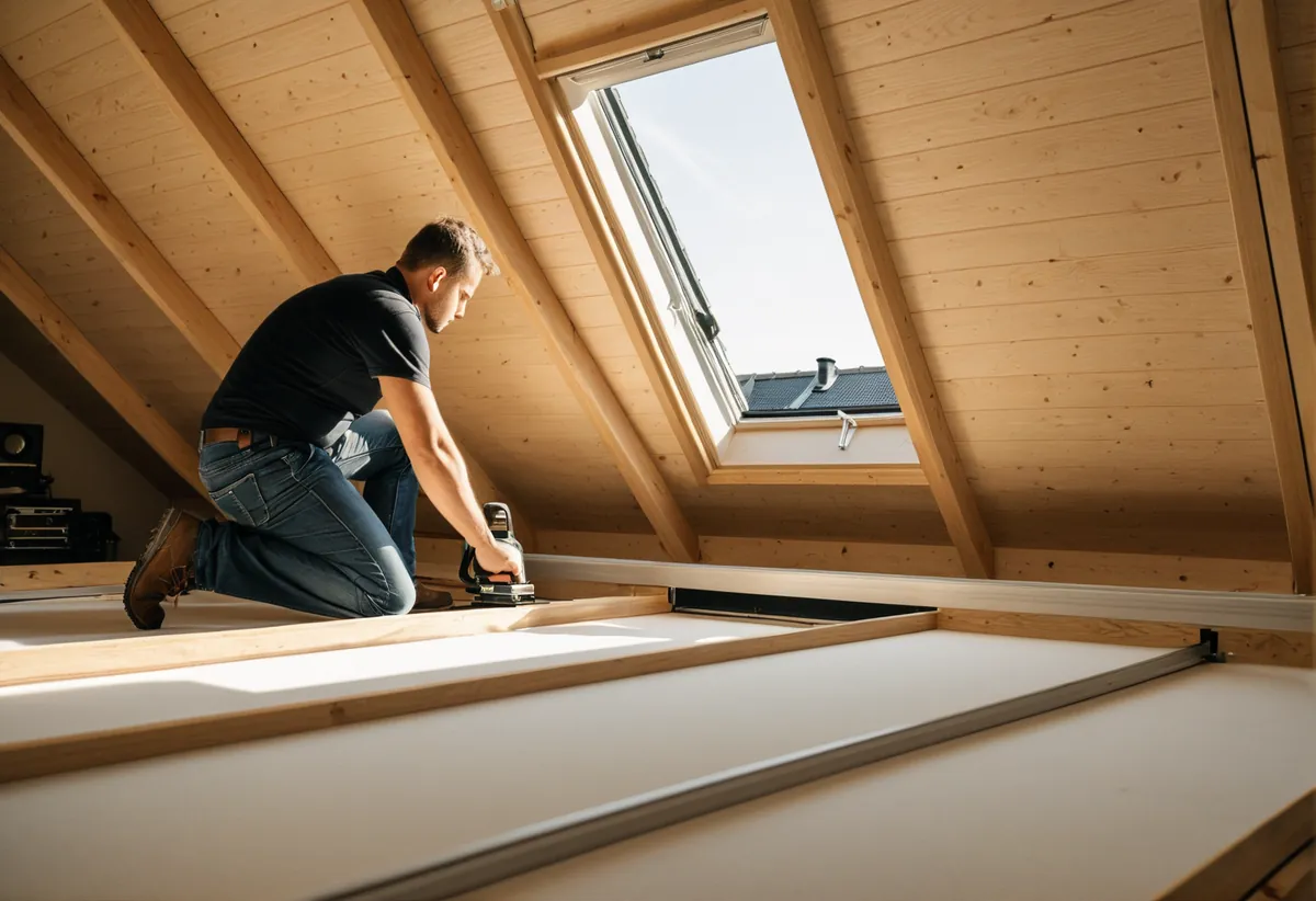 Eingebautes Dachfenster mit Blick in einen ausgebauten Dachboden