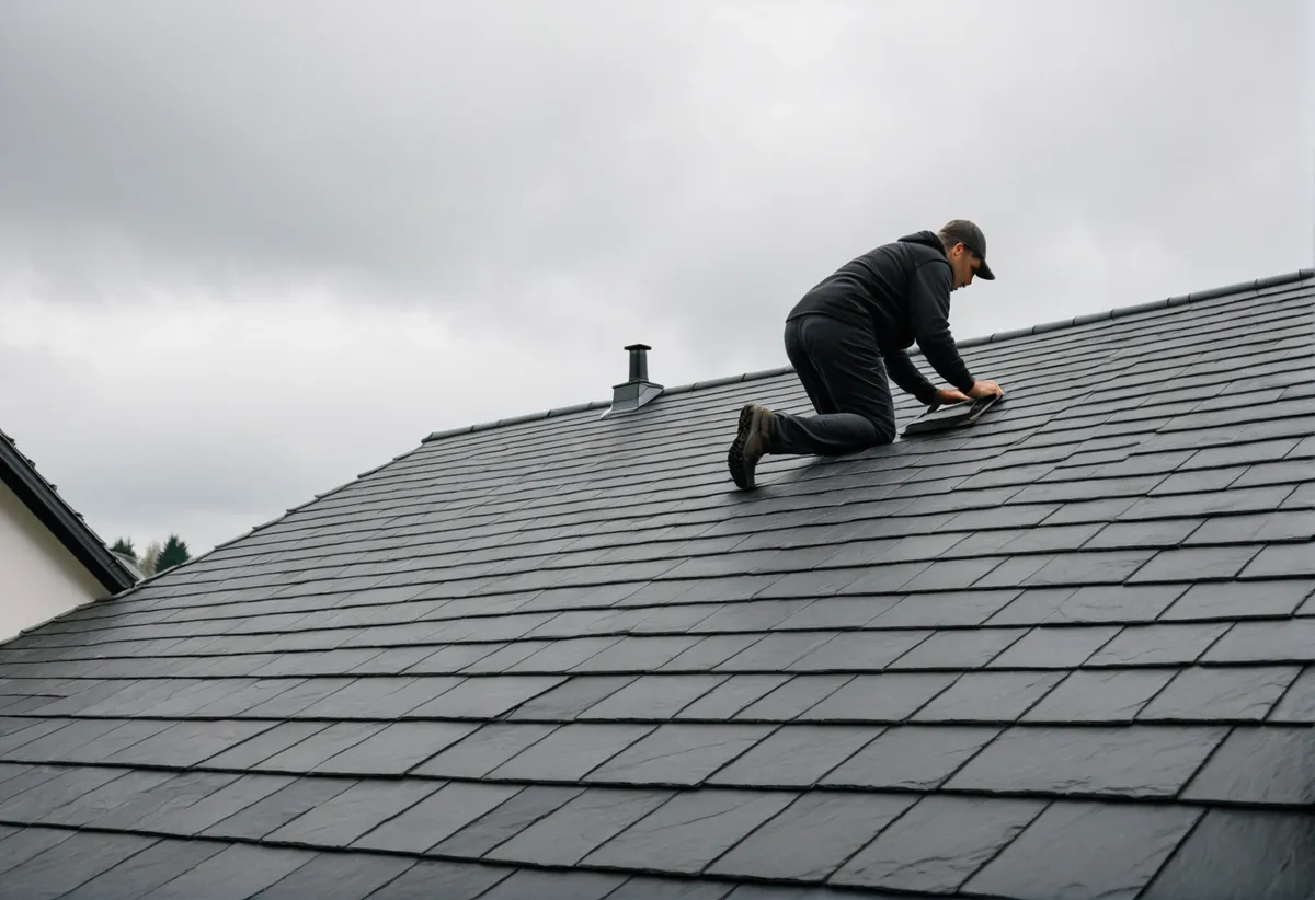 Dachdecker arbeitet an einem Ziegeldach eines deutschen Einfamilienhauses