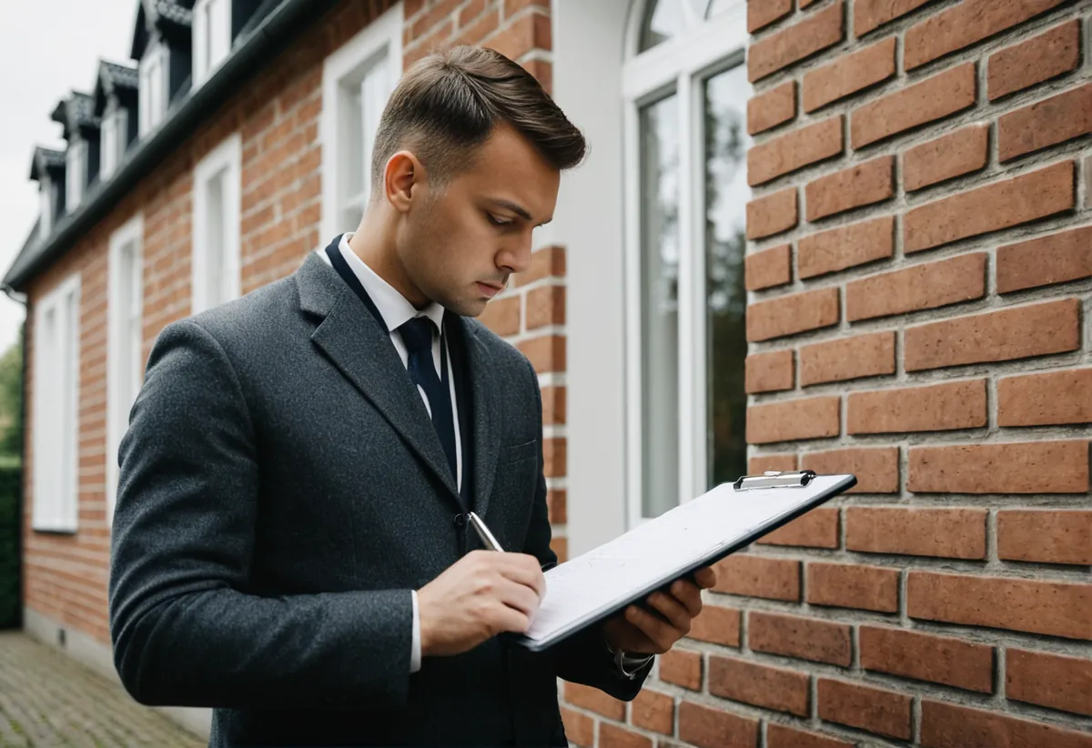 Energieberater mit Klemmbrett vor einem Wohnhaus bei der Bestandsaufnahme