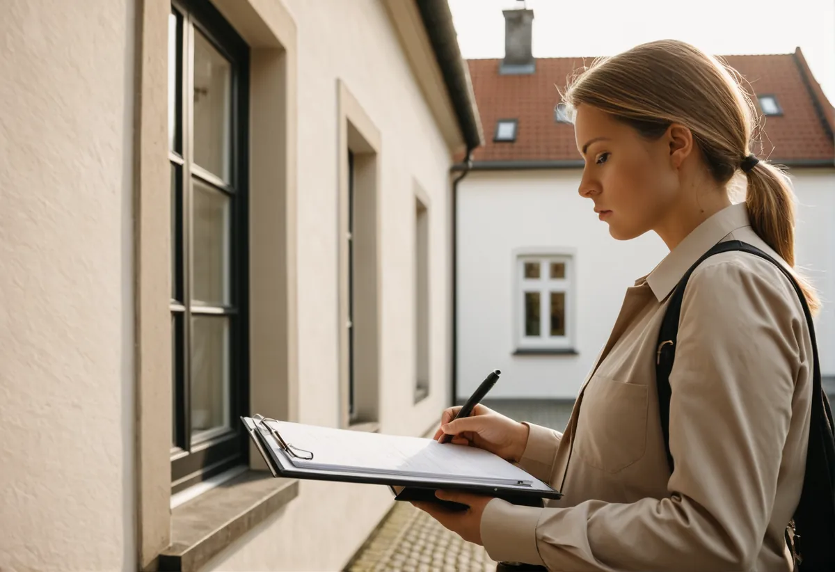 Energieberater begutachtet ein Haus mit einem Klemmbrett