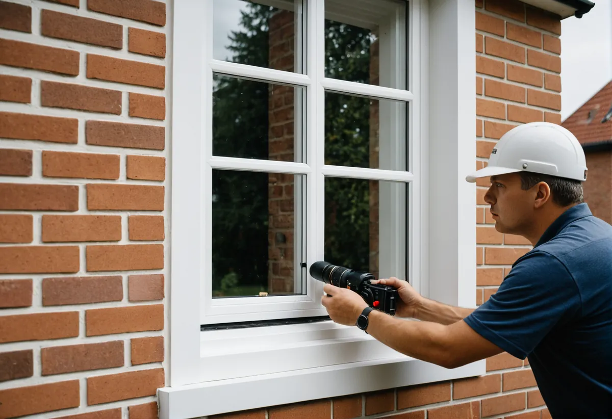 Monteur setzt neues Kunststofffenster in eine Altbauöffnung ein