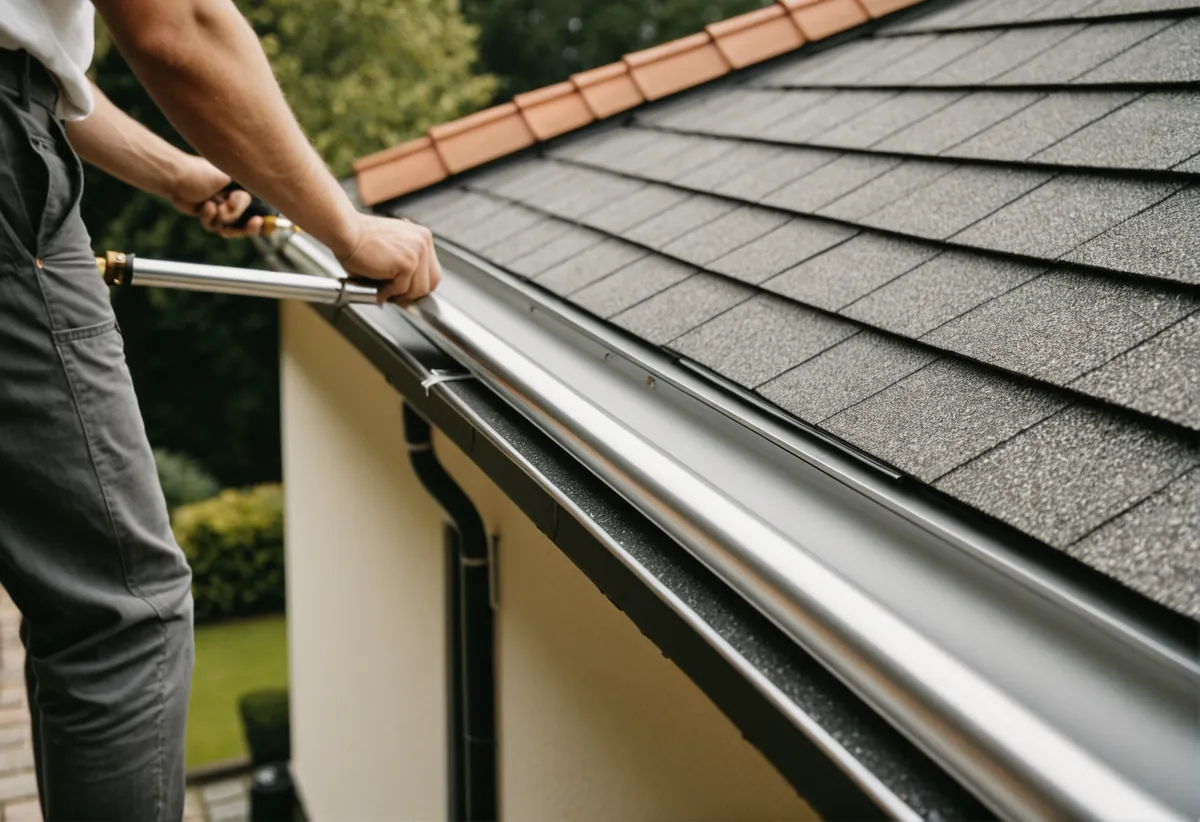 Handwerker befestigt neue Regenrinne an einem Hausdach