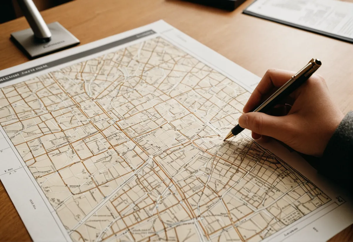 Baugenehmigungsdokumente und Pläne auf einem Schreibtisch