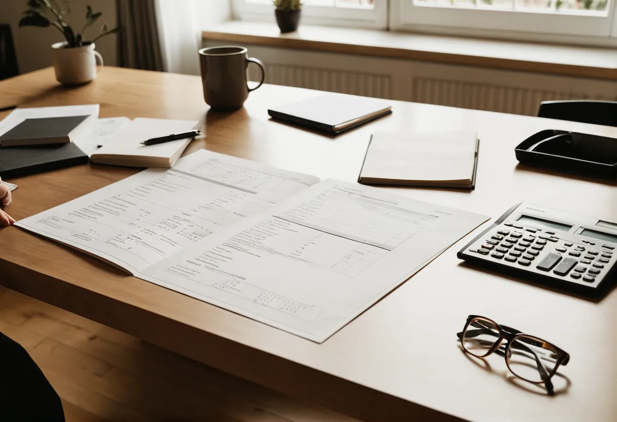Steuererklärung Formulare neben einem Taschenrechner auf einem Schreibtisch