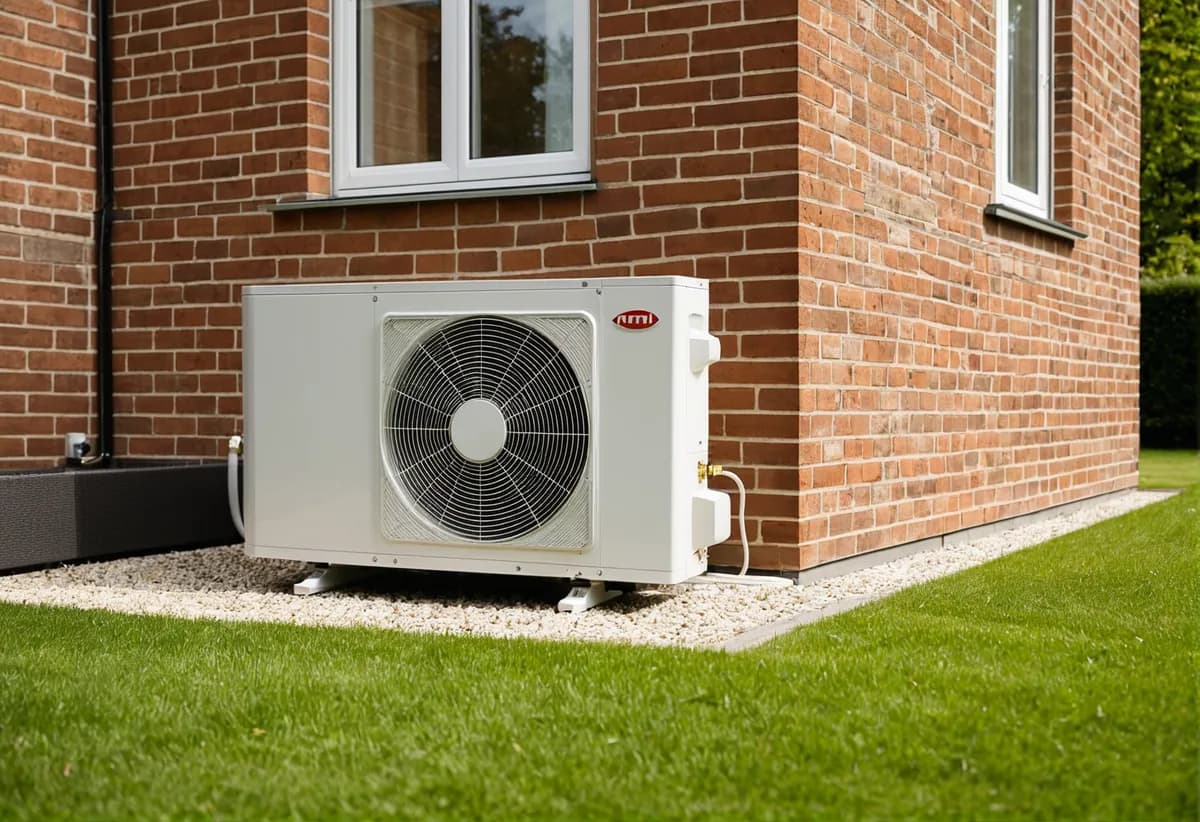 Solarthermie-Kollektoren auf einem Hausdach mit Blick auf Wärmepumpe