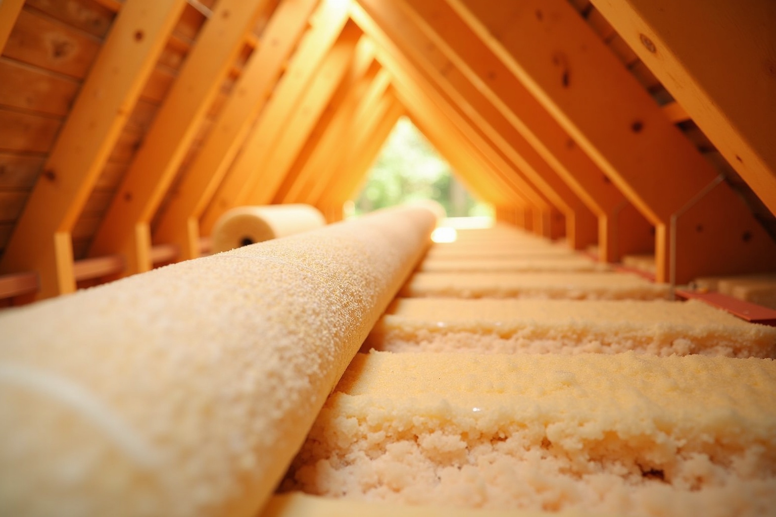 Handwerker verlegt Mineralwolledämmung auf einem Dachboden