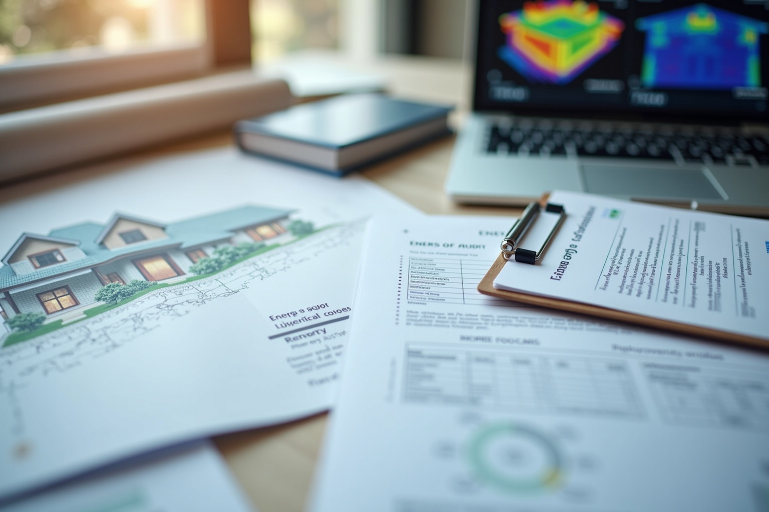 Energieberater mit Klemmbrett vor einem Wohnhaus bei der Bestandsaufnahme