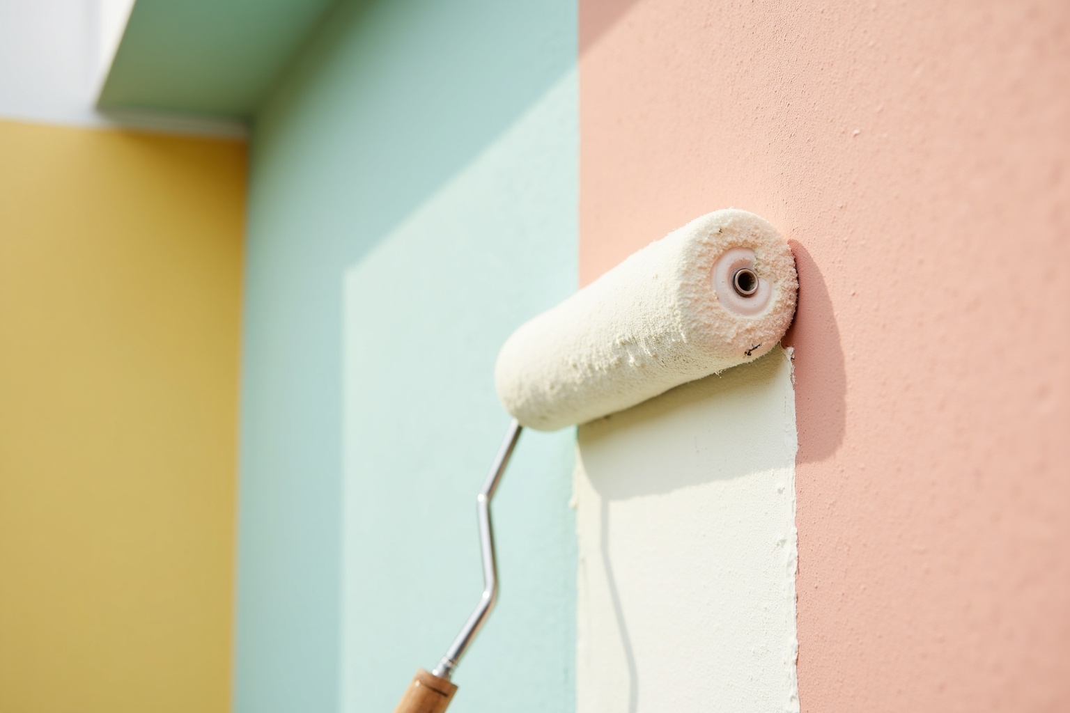 Maler streicht eine Hausfassade mit einer langen Rolle