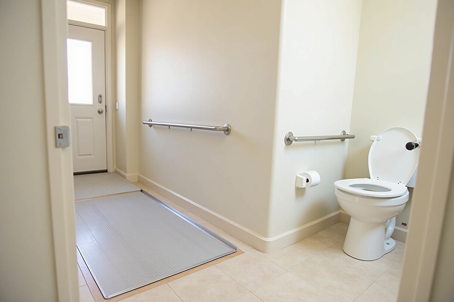 Barrierefreies Badezimmer mit Haltegriffen und bodenebener Dusche