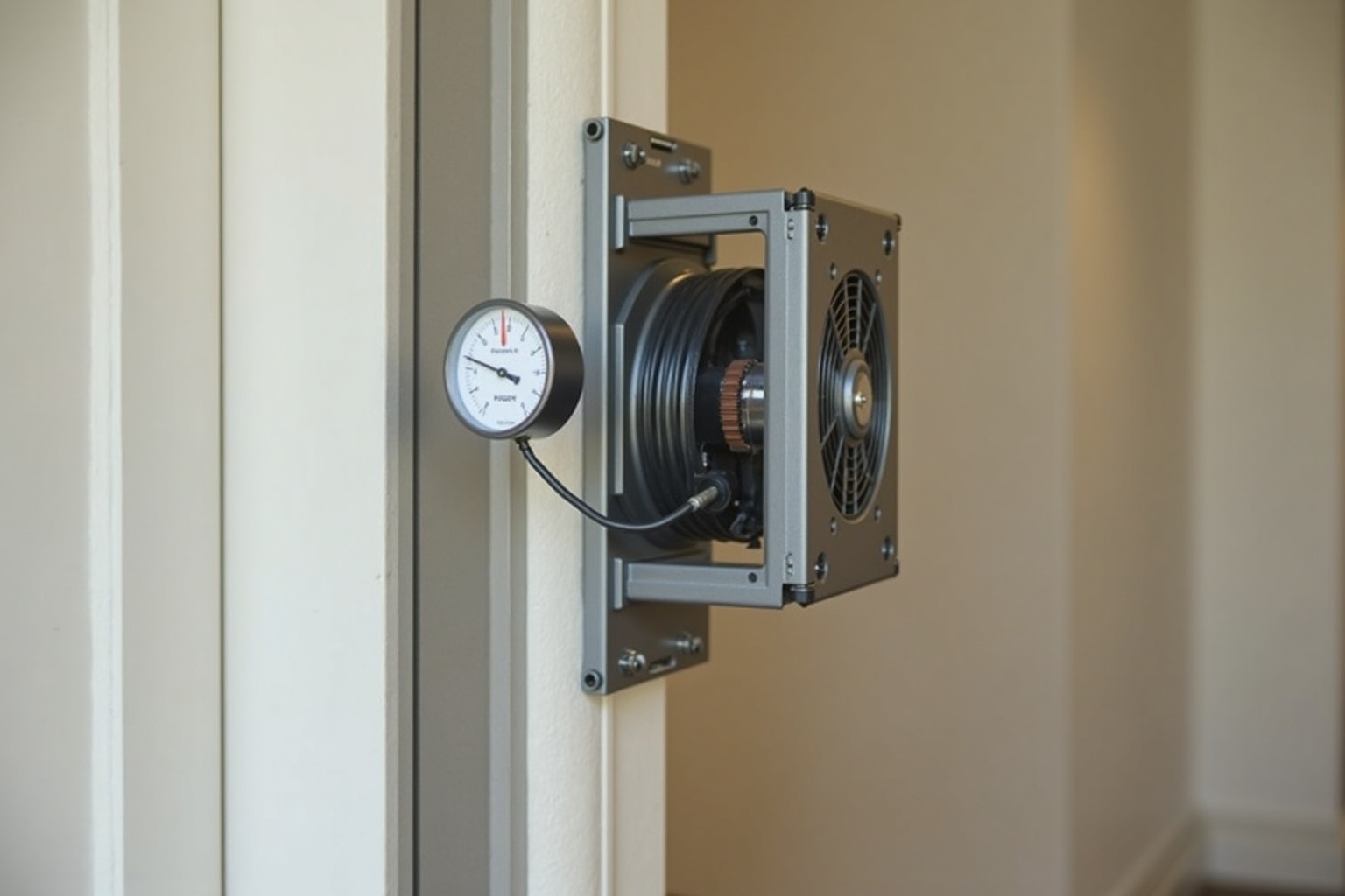 Energieberater führt eine Gebäudeuntersuchung mit Messgeräten durch