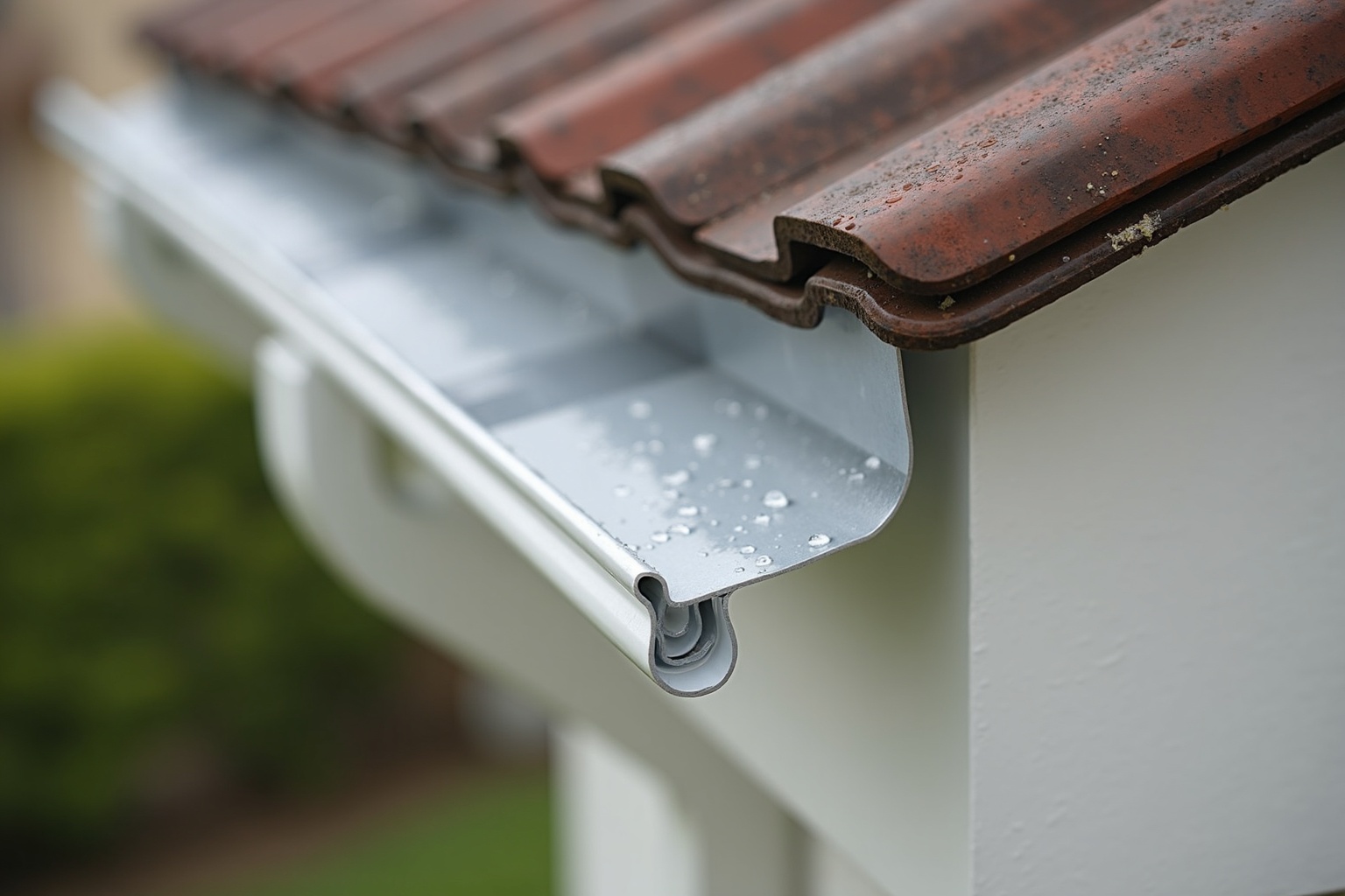 Handwerker befestigt neue Regenrinne an einem Hausdach