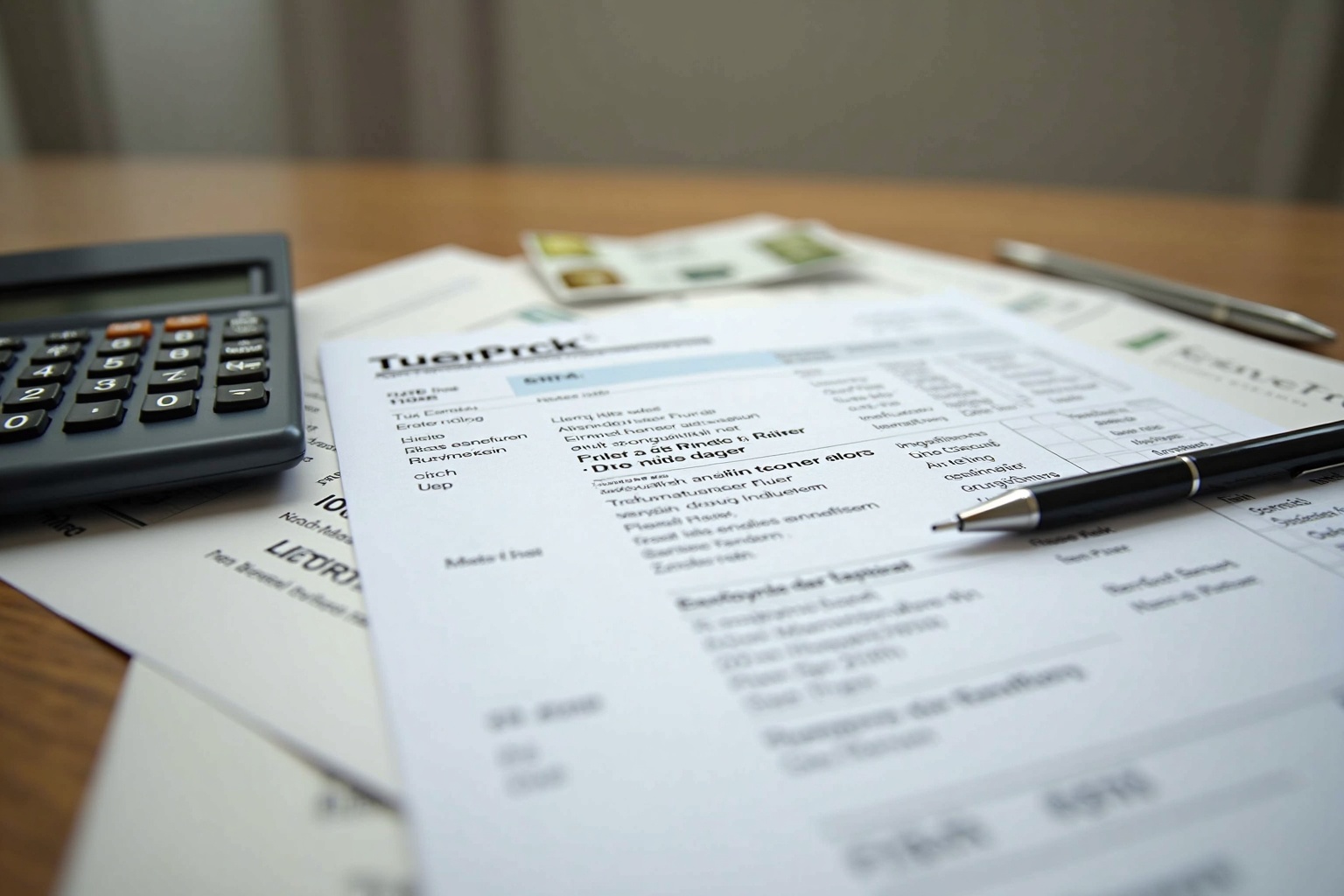 Steuererklärung Formulare neben einem Taschenrechner auf einem Schreibtisch