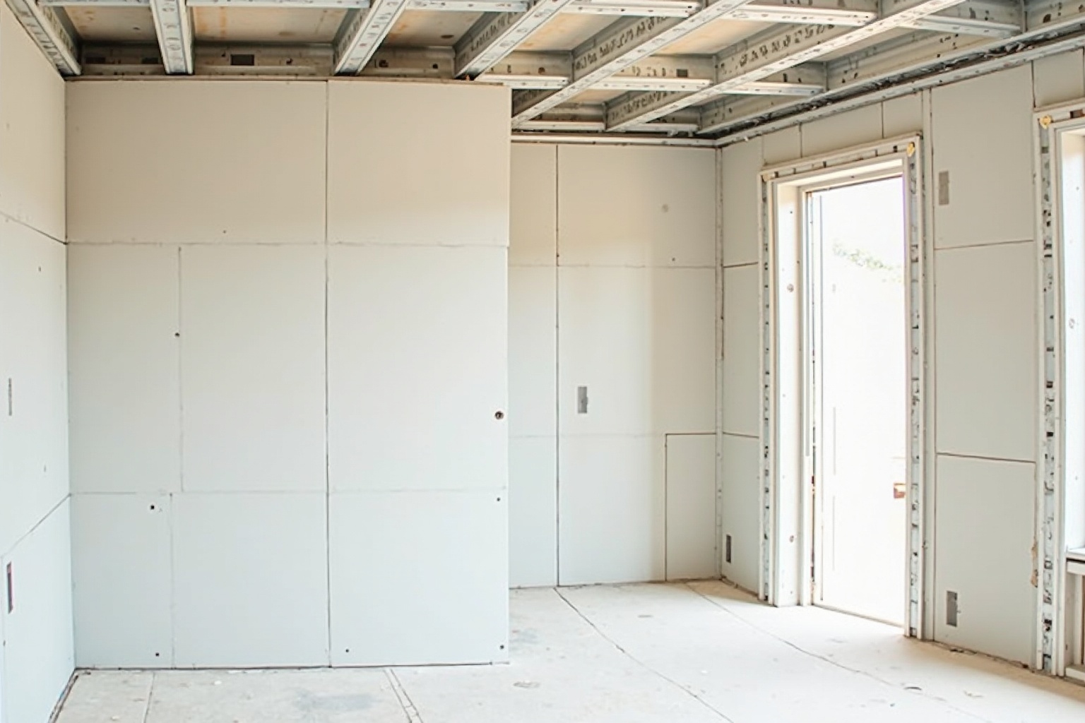 Handwerker beim Verputzen und Spachteln einer Innenwand